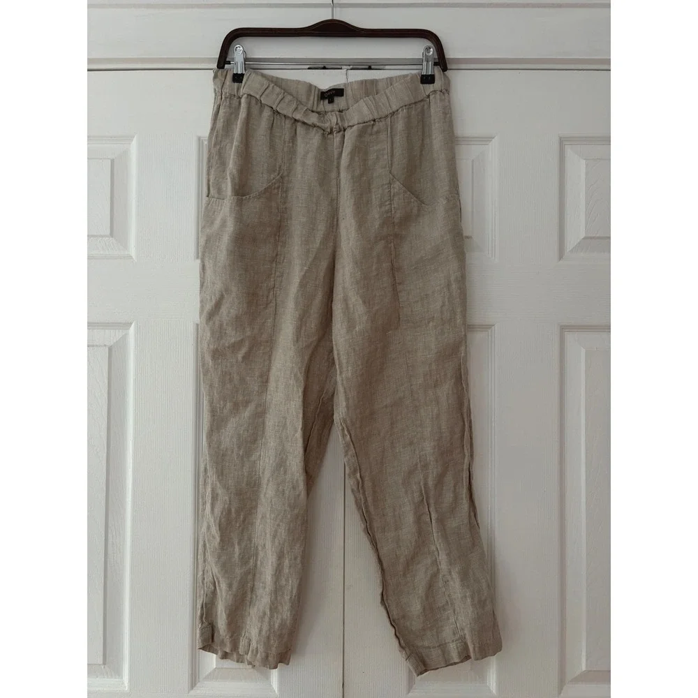 Quince Women Oatmeal Beige 100% European Linen Elastic Waist Tapered Pants L